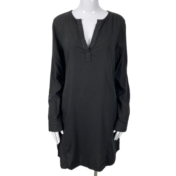 Cloth & Stone black tencel long sleeve v-neck dress with roll tab sleeves Small - Picture 1 of 8